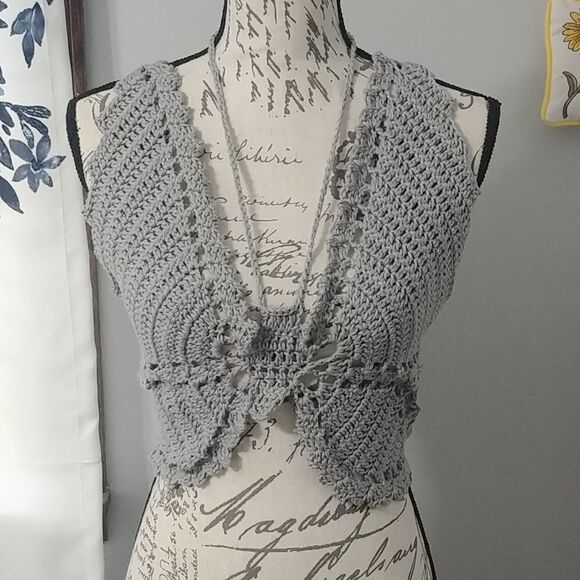 Hand Crafted Tops - Handmade Crocheted Butterfly Festival Top 100% Cotton Grey 34-36B-C 6-8